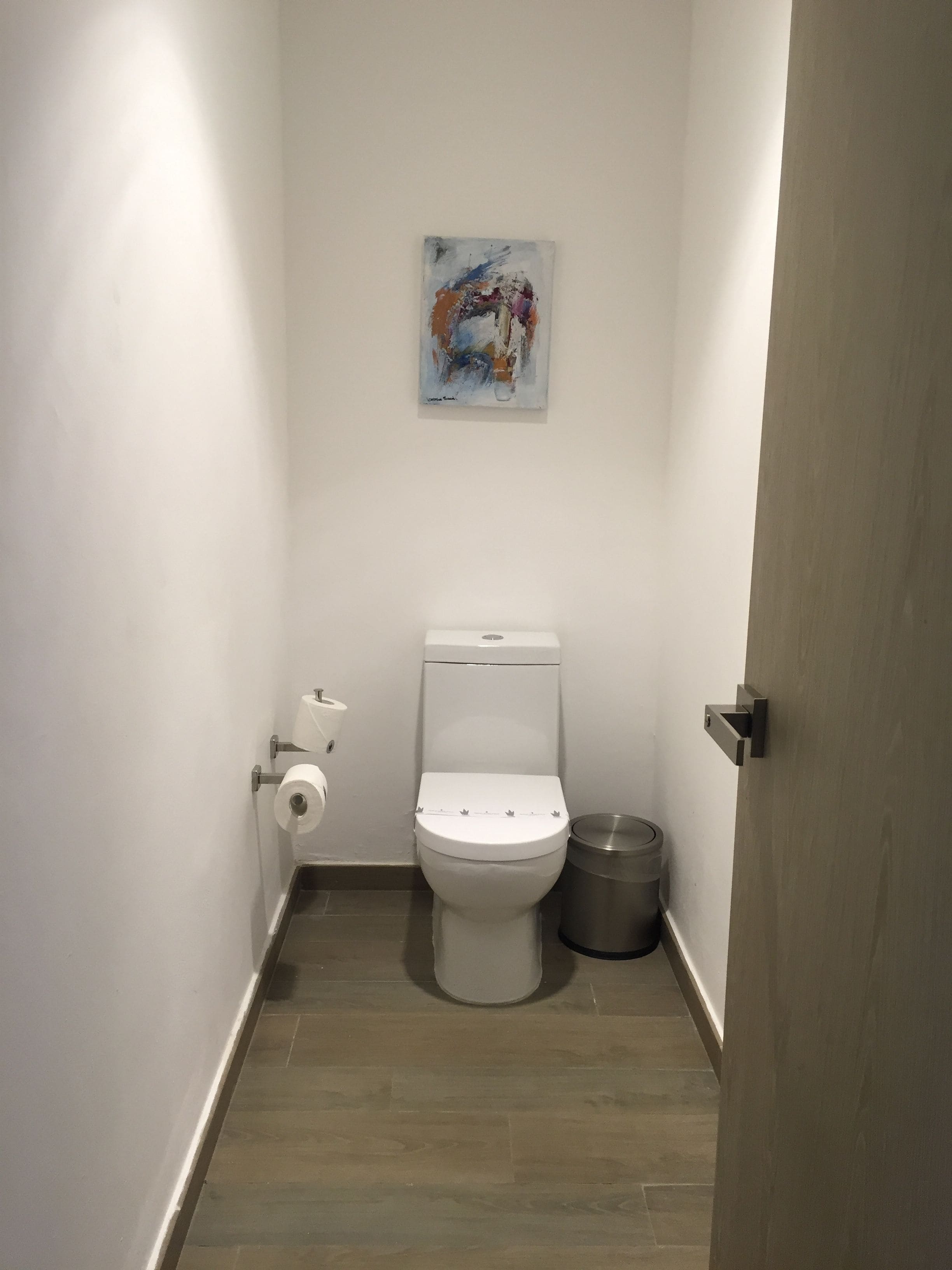A small, modern bathroom with a toilet, a trash bin, and a roll of toilet paper on the wall.