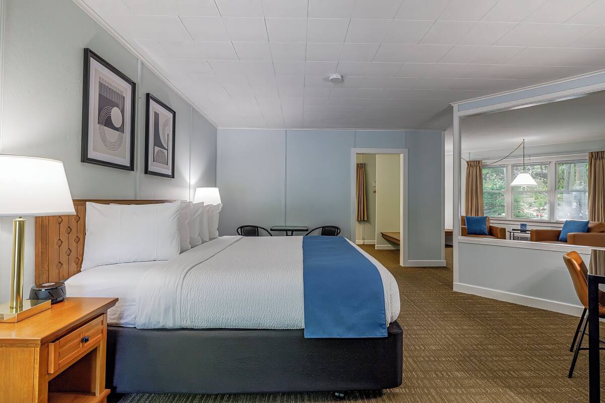 A hotel room with a large bed, bedside tables, a desk, and a seating area with a view of the outdoors.