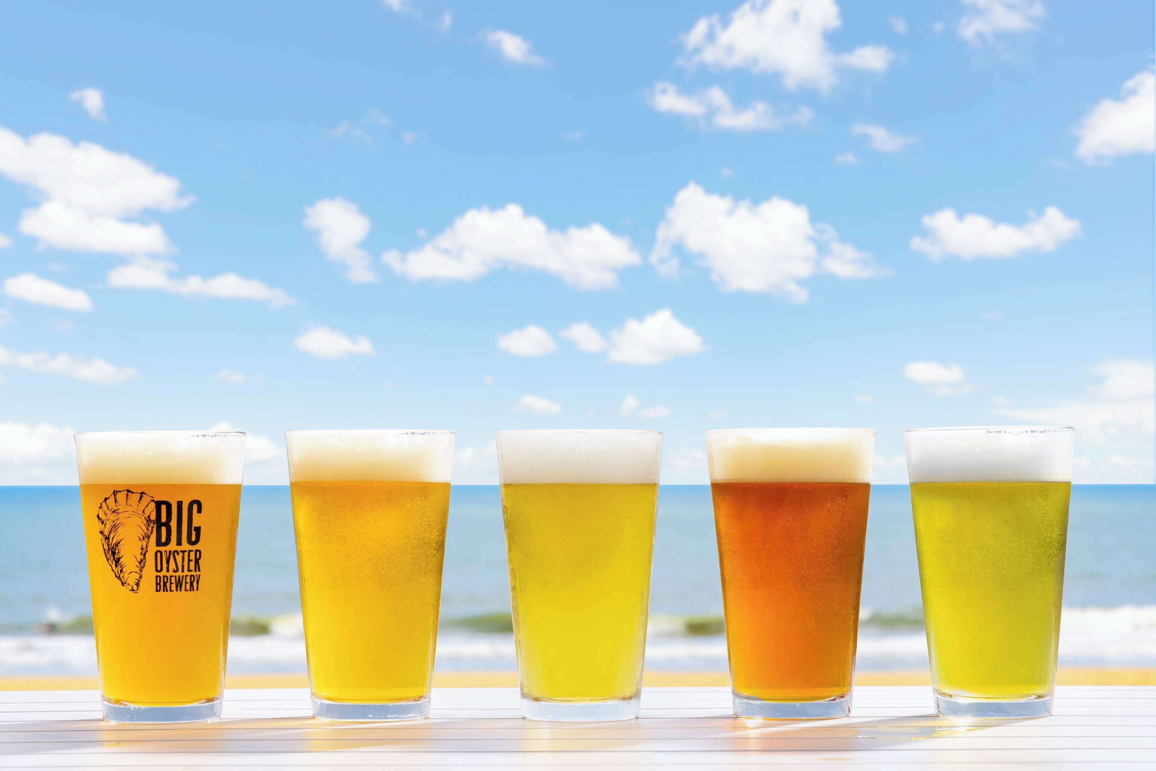 Five glasses of beer with varying colors, labeled "BIG OYSTER BREWERY," on a table with a beach and ocean view in the background.