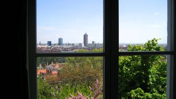 A window with a cityscape view, including buildings and greenery.