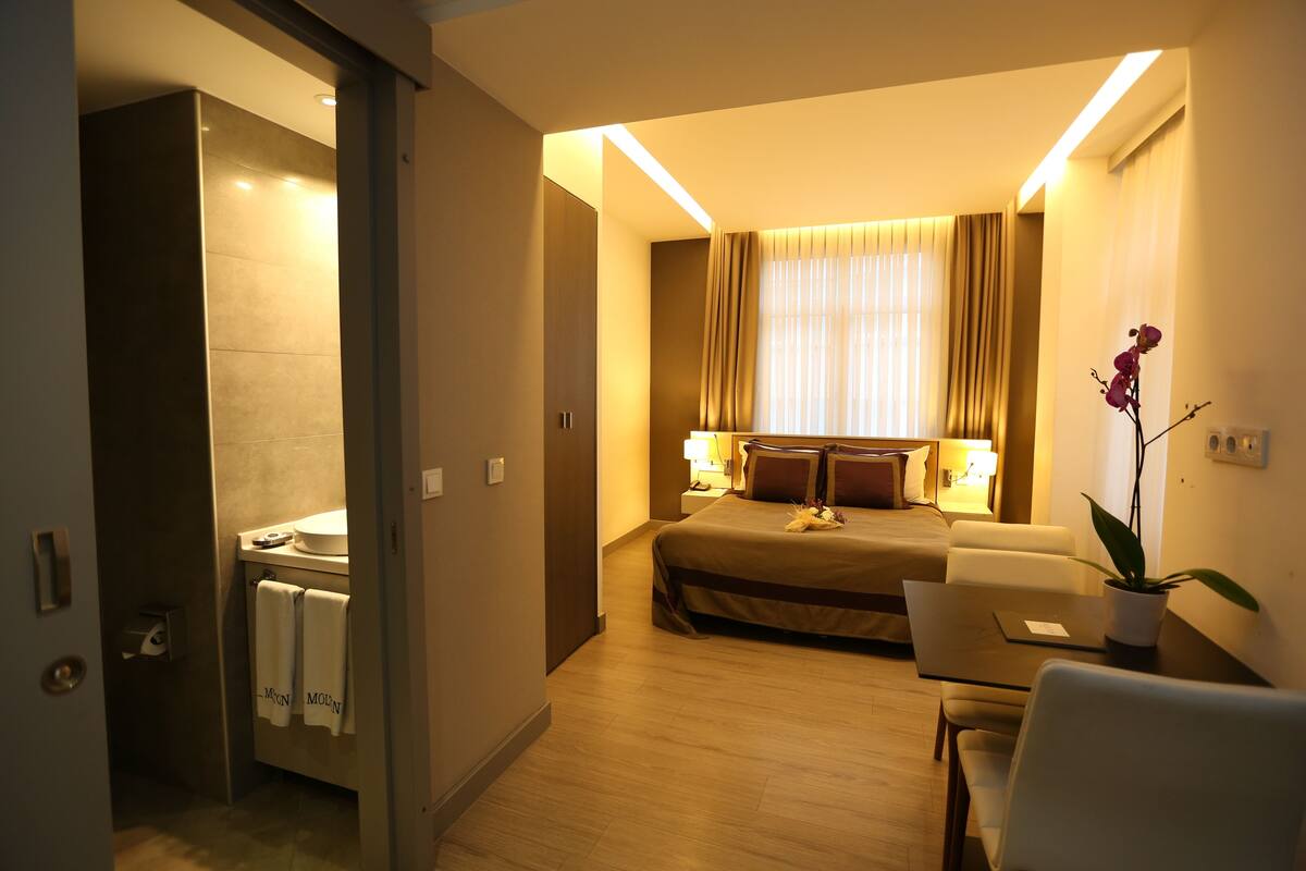 A hotel room with a bed, bedside table, lamp, and a potted plant.