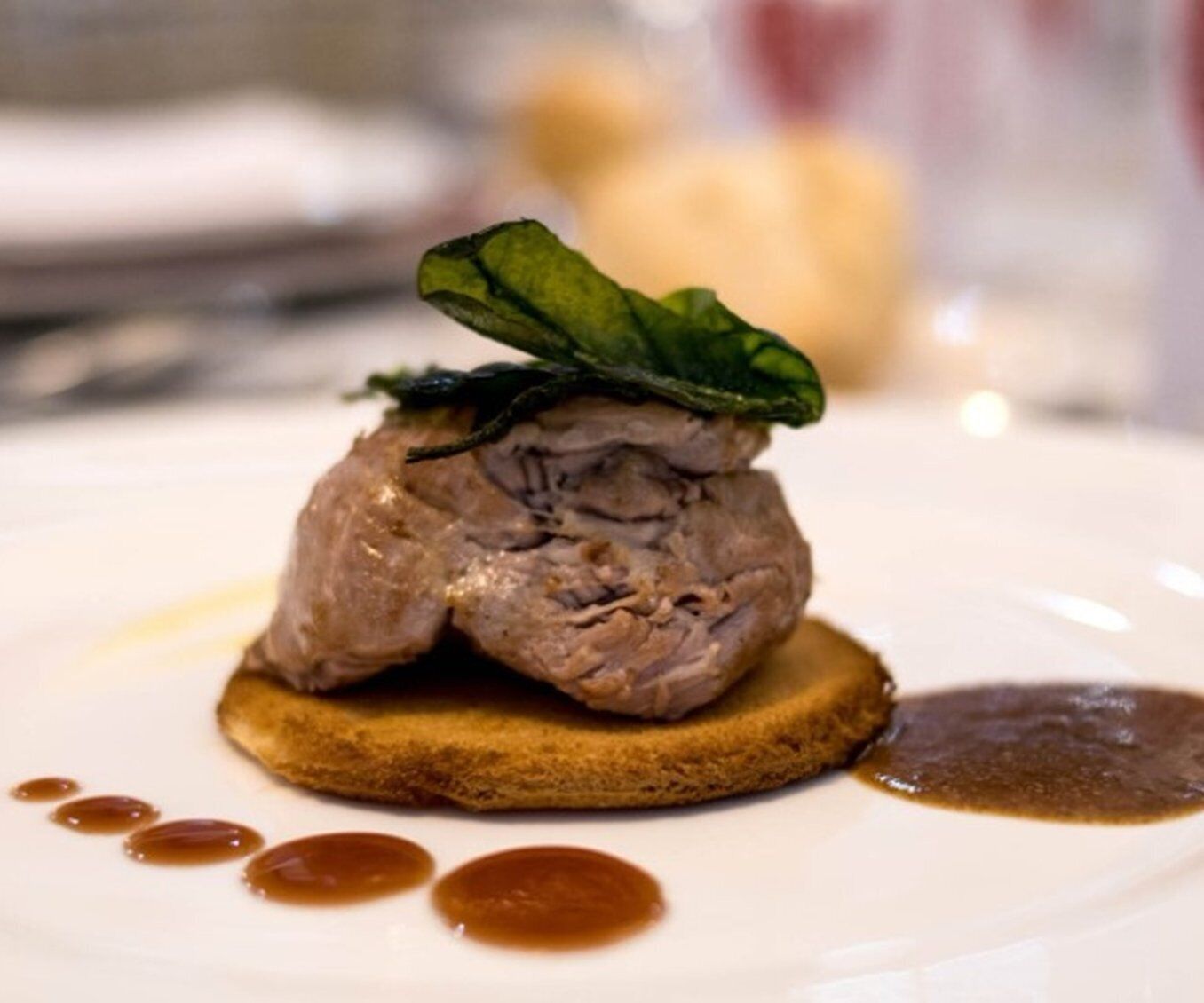 A plated dish with a meat centerpiece, a leaf garnish, and sauce.