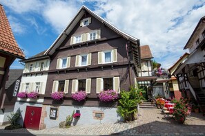 Façana frontal de l'allotjament (vespre/nit)