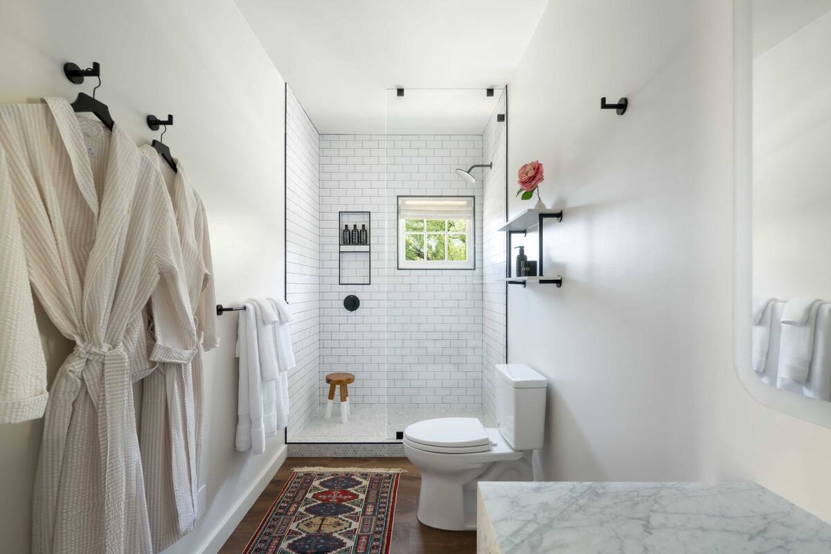 shower, designer toiletries, hair dryer, bathrobes