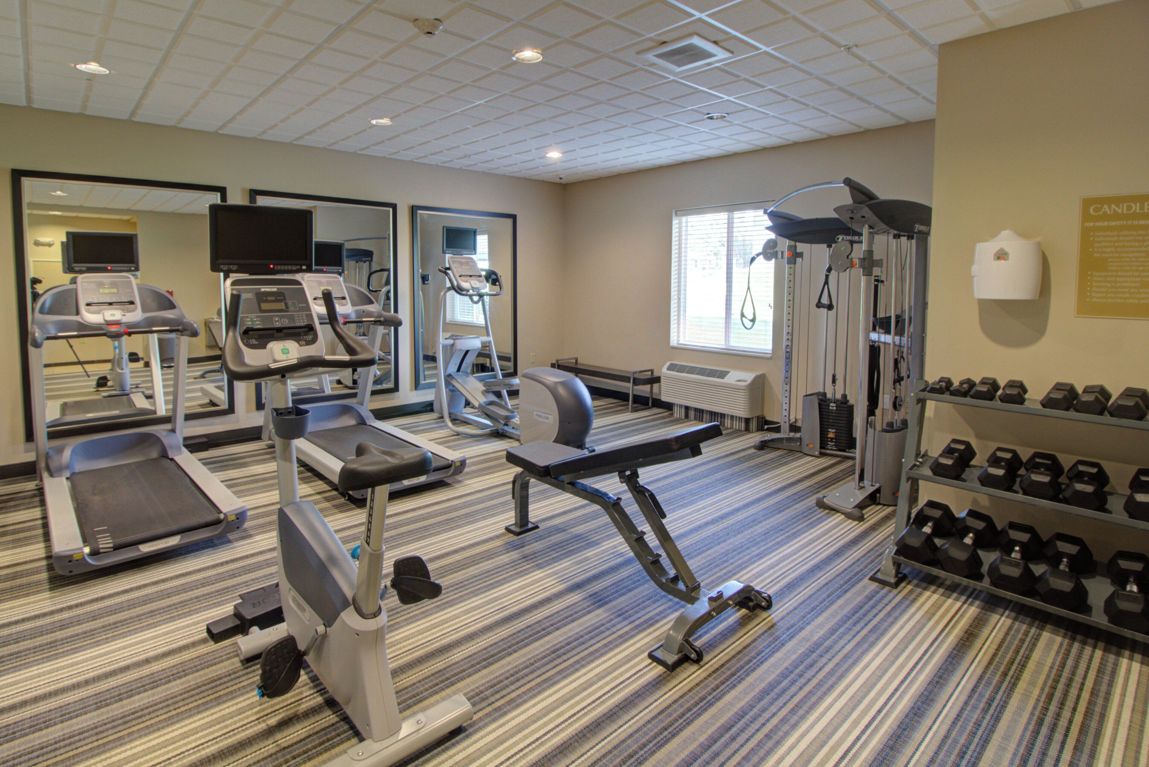 A gym with treadmills, elliptical machines, a weight bench, and dumbbells.