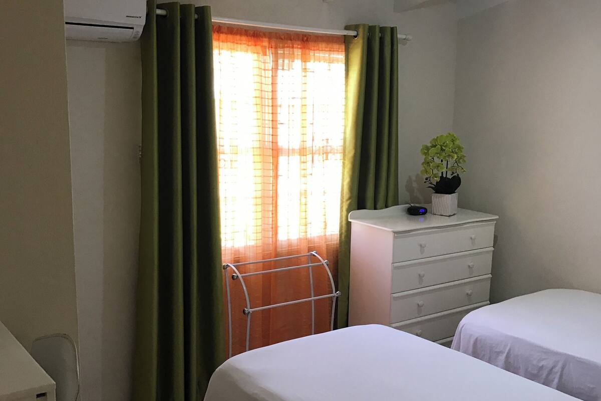 Una habitación de hotel con dos camas, un aparador, una planta en maceta y un equipo de aire acondicionado.