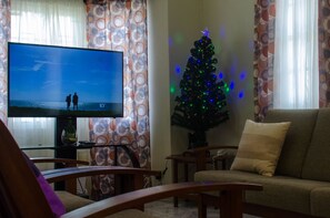 Een woonkamer met een televisie, een kerstboom en gordijnen met een patroon.