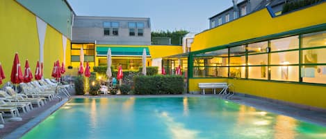 Seasonal outdoor pool, open 8 AM to 10 PM, pool umbrellas, sun loungers
