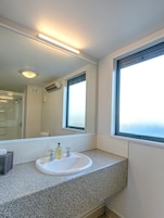 A bathroom with a white sink, a mirror, and a window.