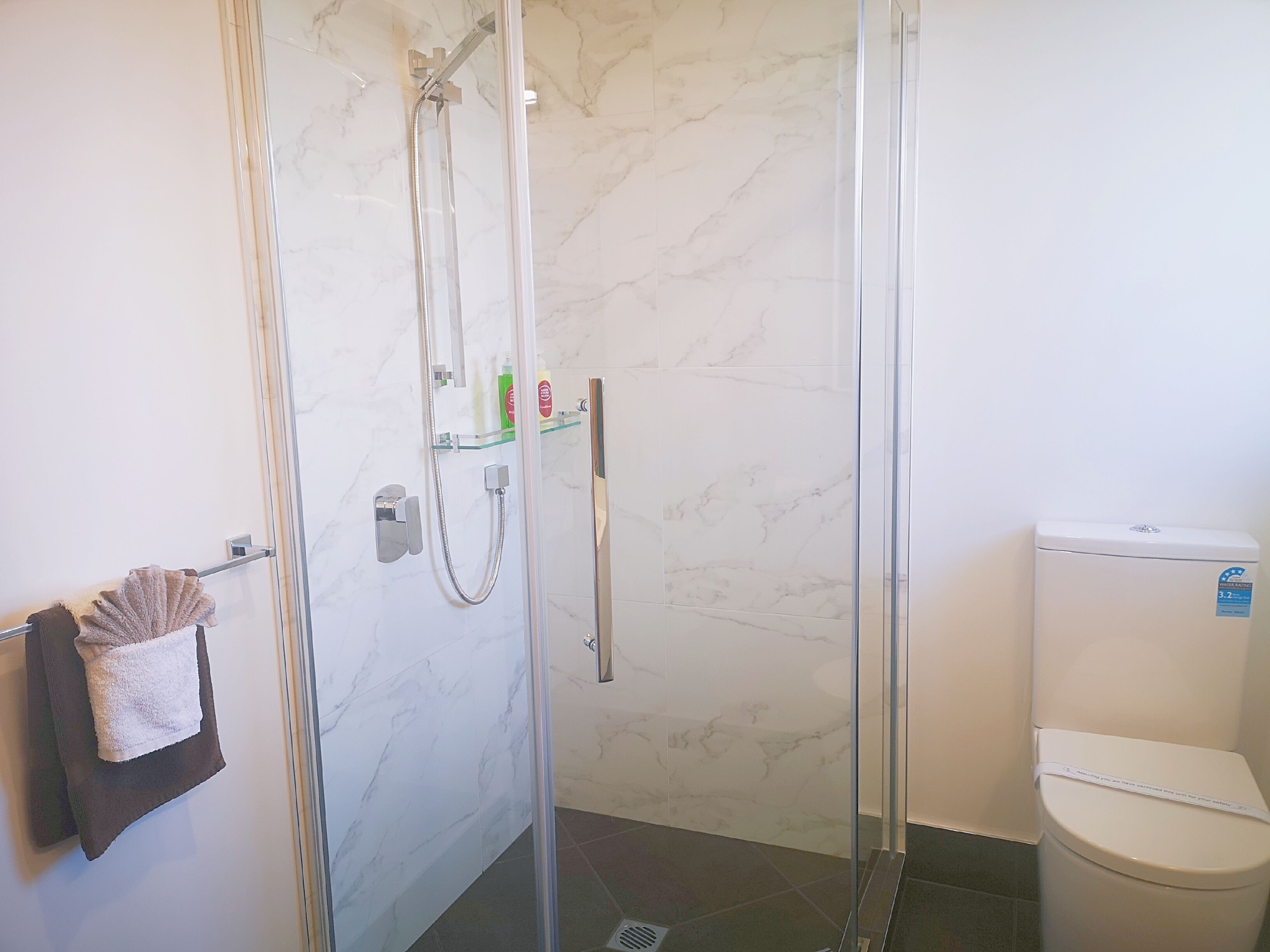A bathroom with a glass-enclosed shower, a toilet, and a towel rack with a towel.