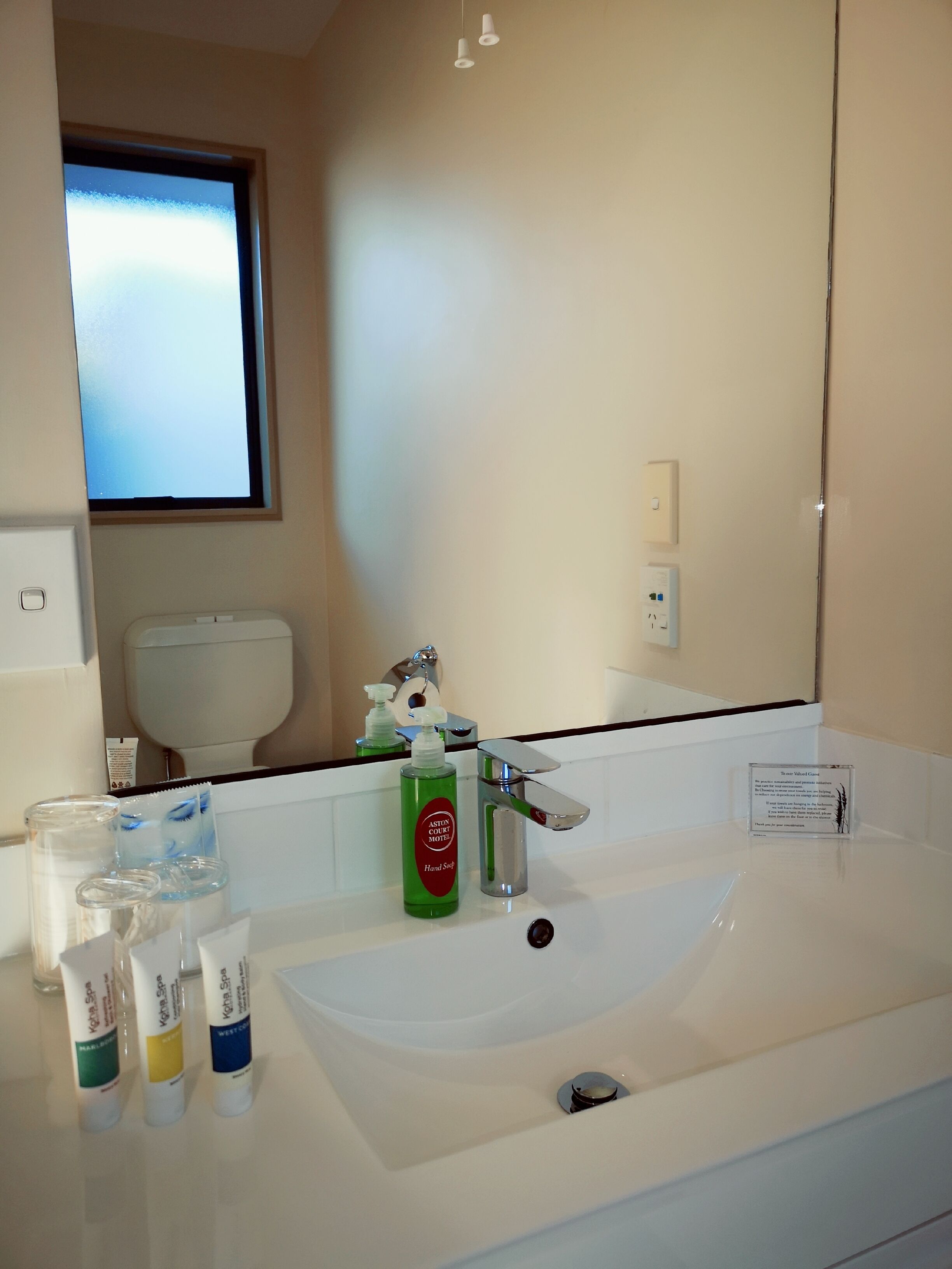 A bathroom with a white sink, a mirror, and toiletries including hand soap and lotion.