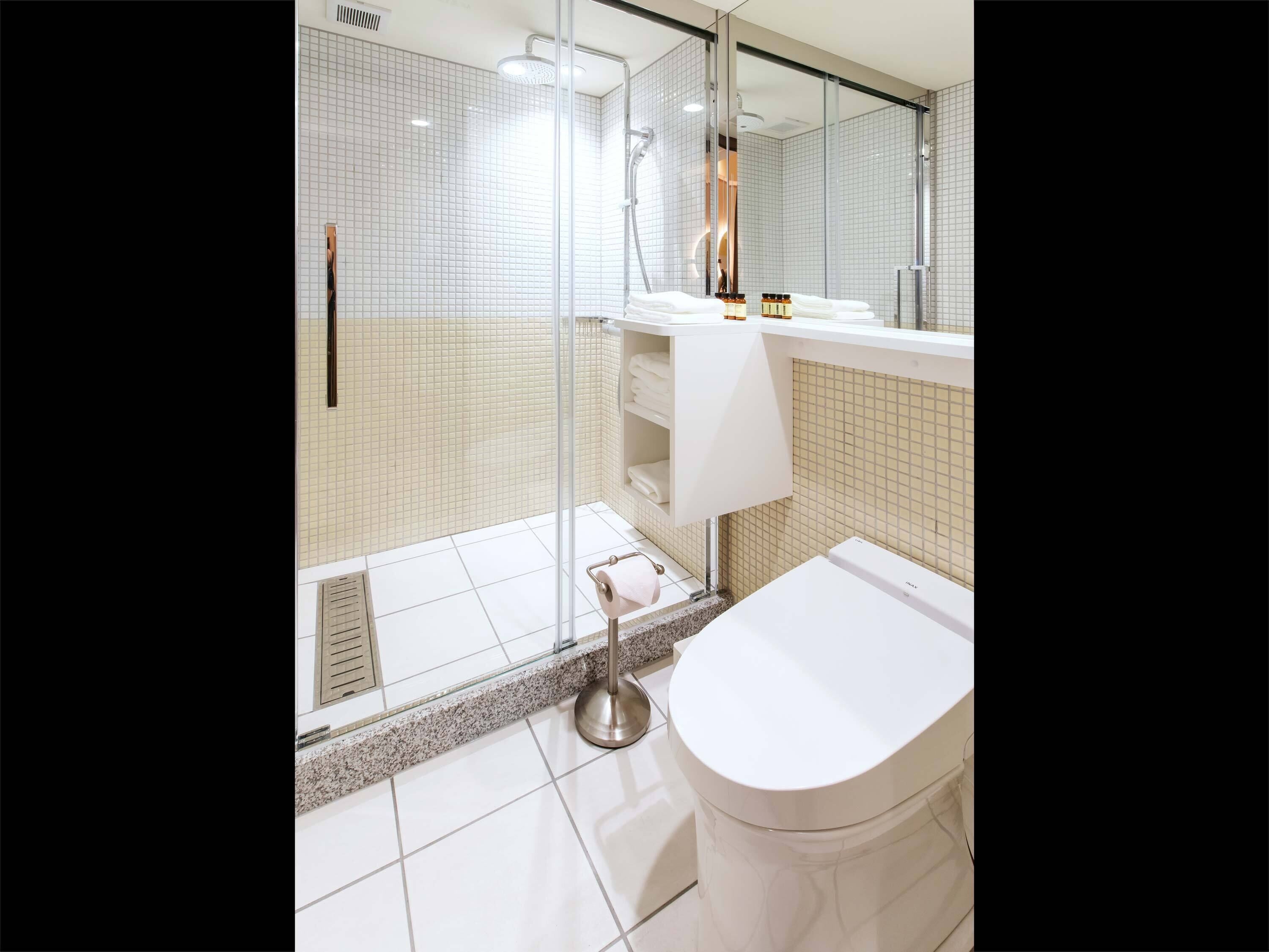 shower, designer toiletries, hair dryer, bathrobes