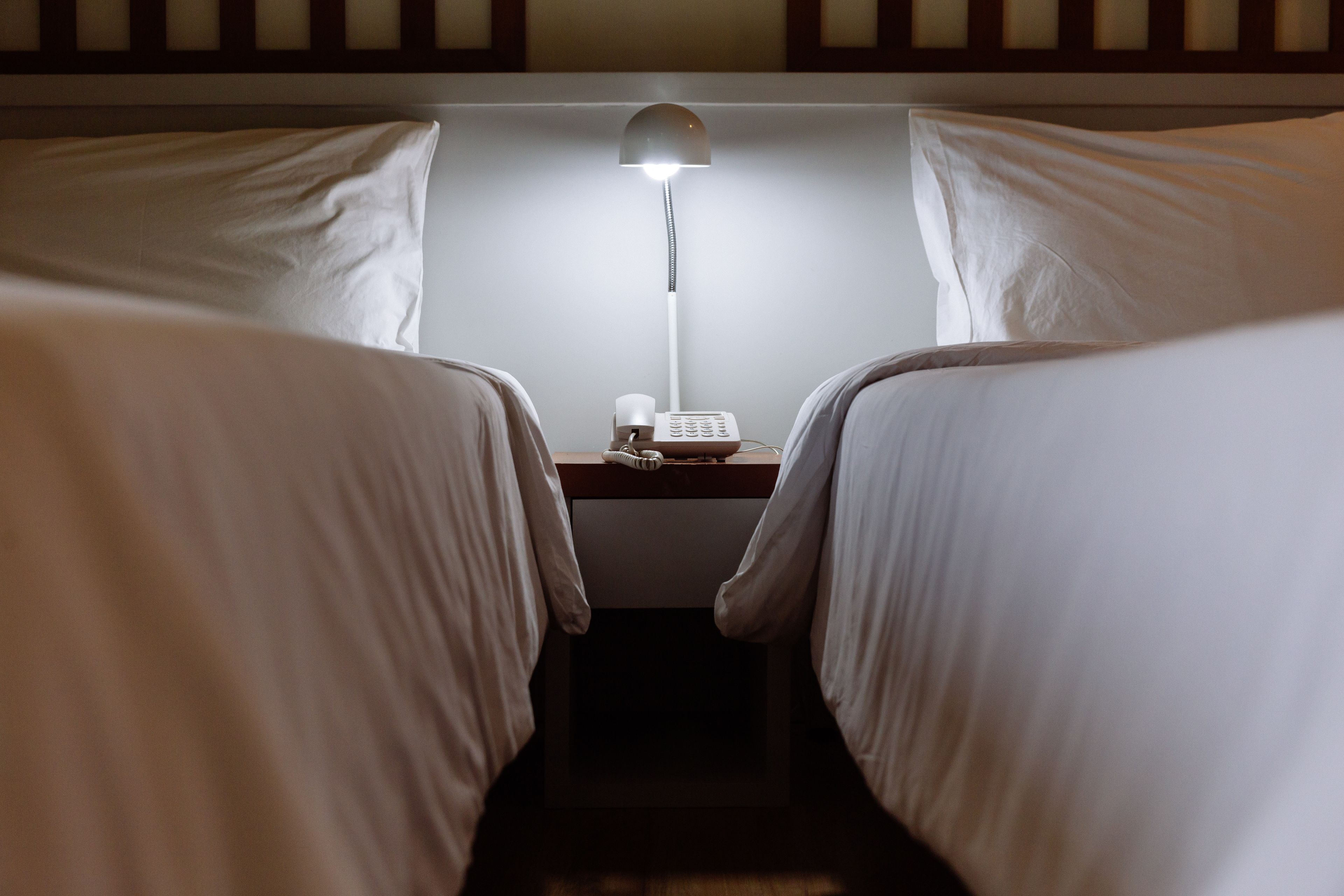 A room with two beds, a nightstand with a lamp, and a telephone.