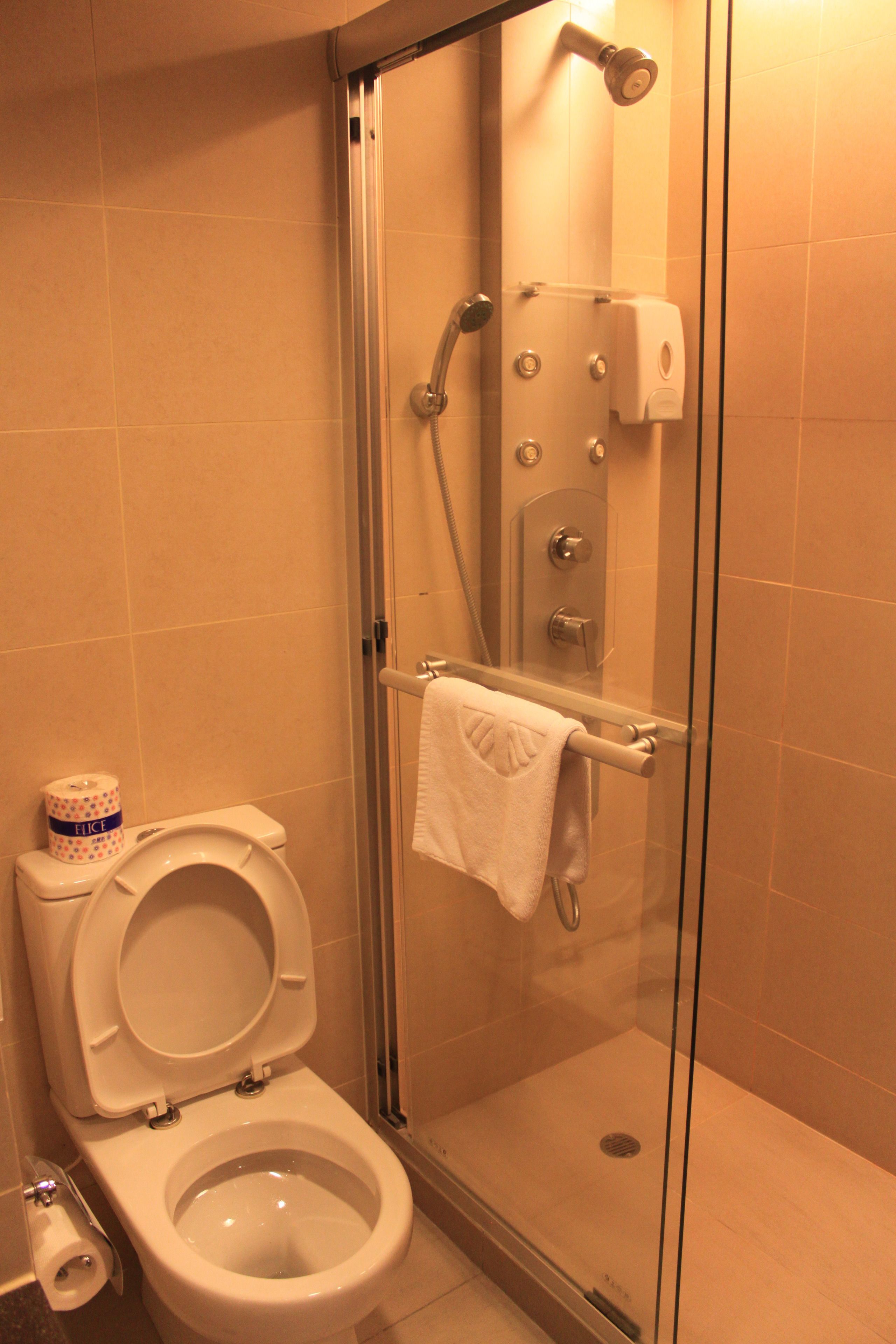 Ein Badezimmer mit Toilette, einer gläsernen Dusche und einem Handtuchhalter.