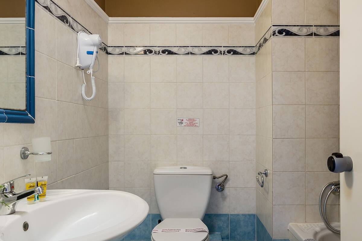 combined shower/bathtub, free toiletries, hair dryer, towels