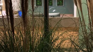 A view through a window with tall grasses in the foreground, a car parked outside, and three framed pictures on the wall. - EuroStar Hotel (Castrop-Rauxel)