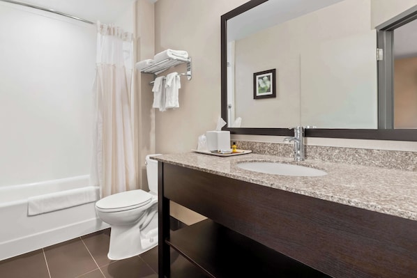 A modern bathroom with a white toilet, a sink with a dark countertop, and a large mirror above the sink.