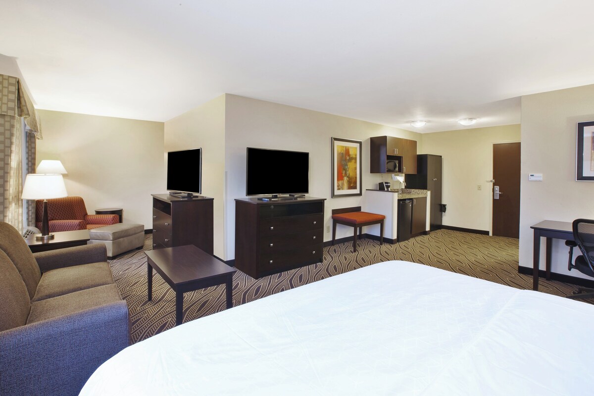 Een hotelkamer met een bed, een bureau, een televisie, een stoel, een bank en een kitchenette.