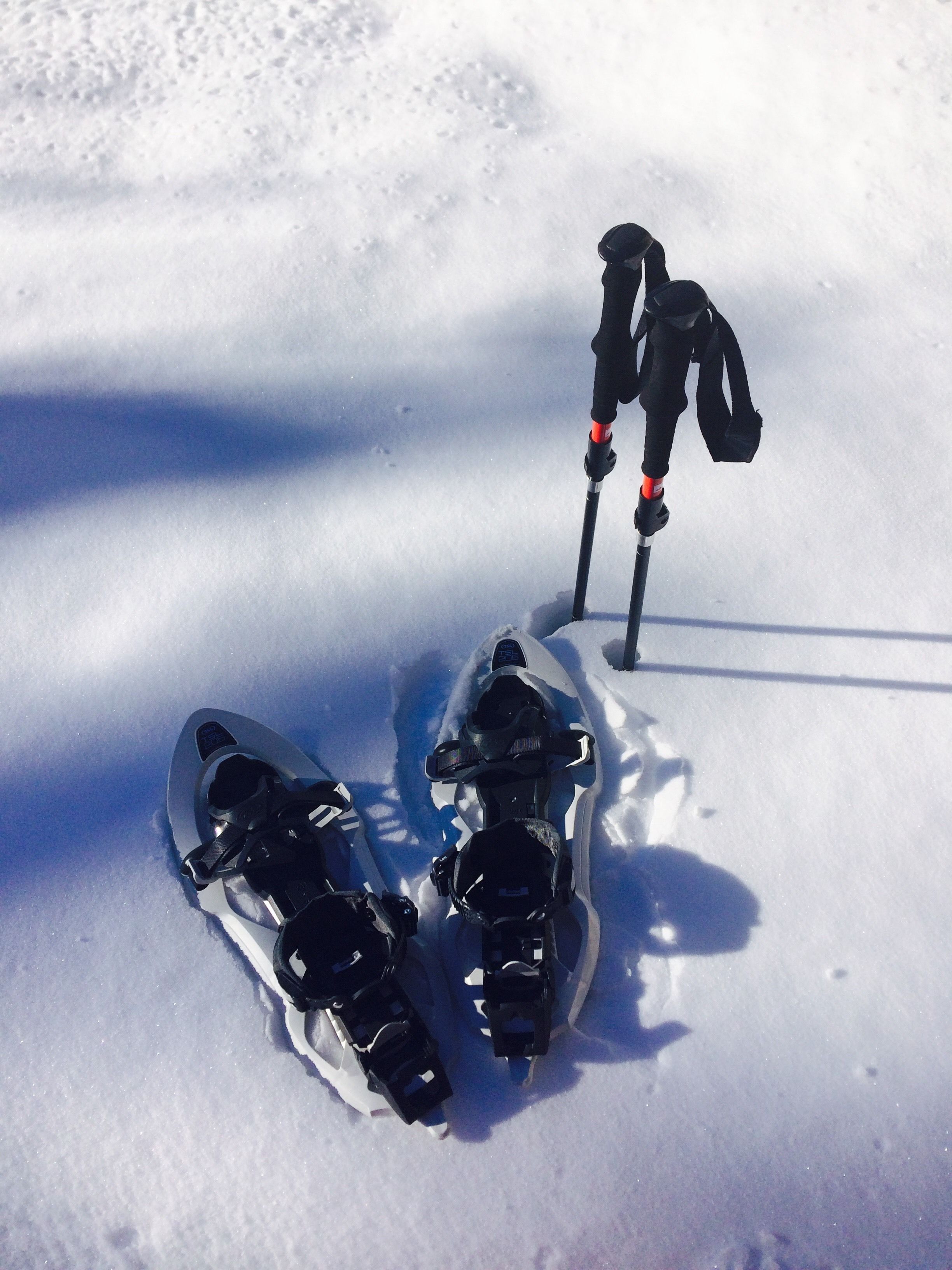 A pair of snowshoes and a pair of ski poles on snow.