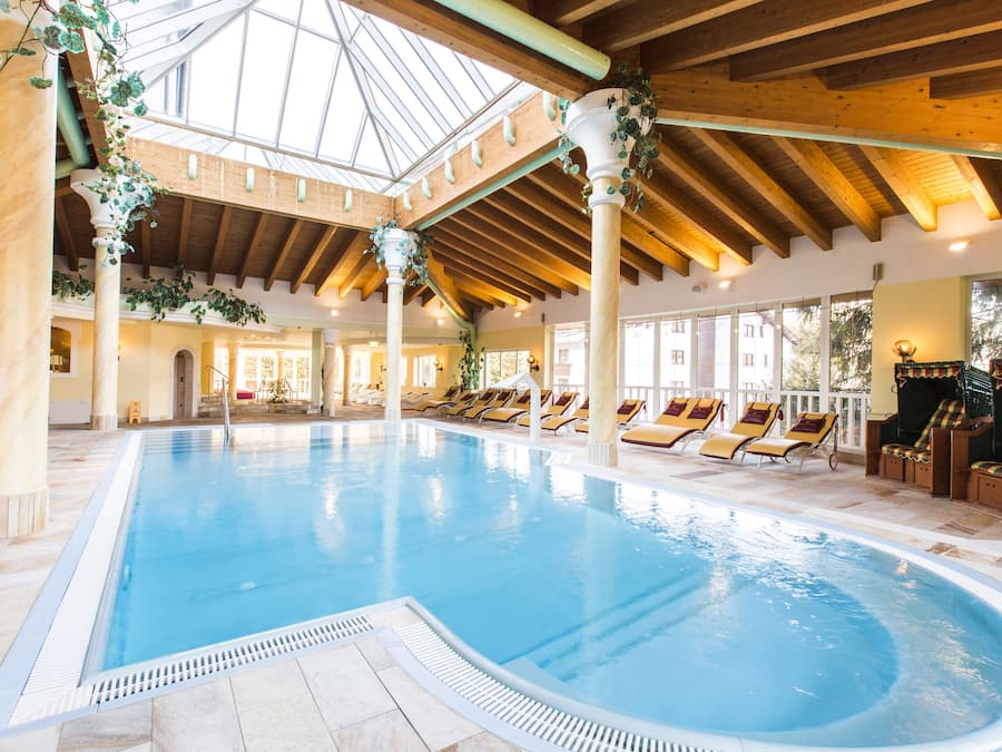 Outdoor pool, pool umbrellas, pool loungers