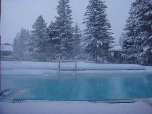 Schneebedecktes Gelände mit Schwimmbecken, umgeben von hoch aufragenden Nadelbäumen.