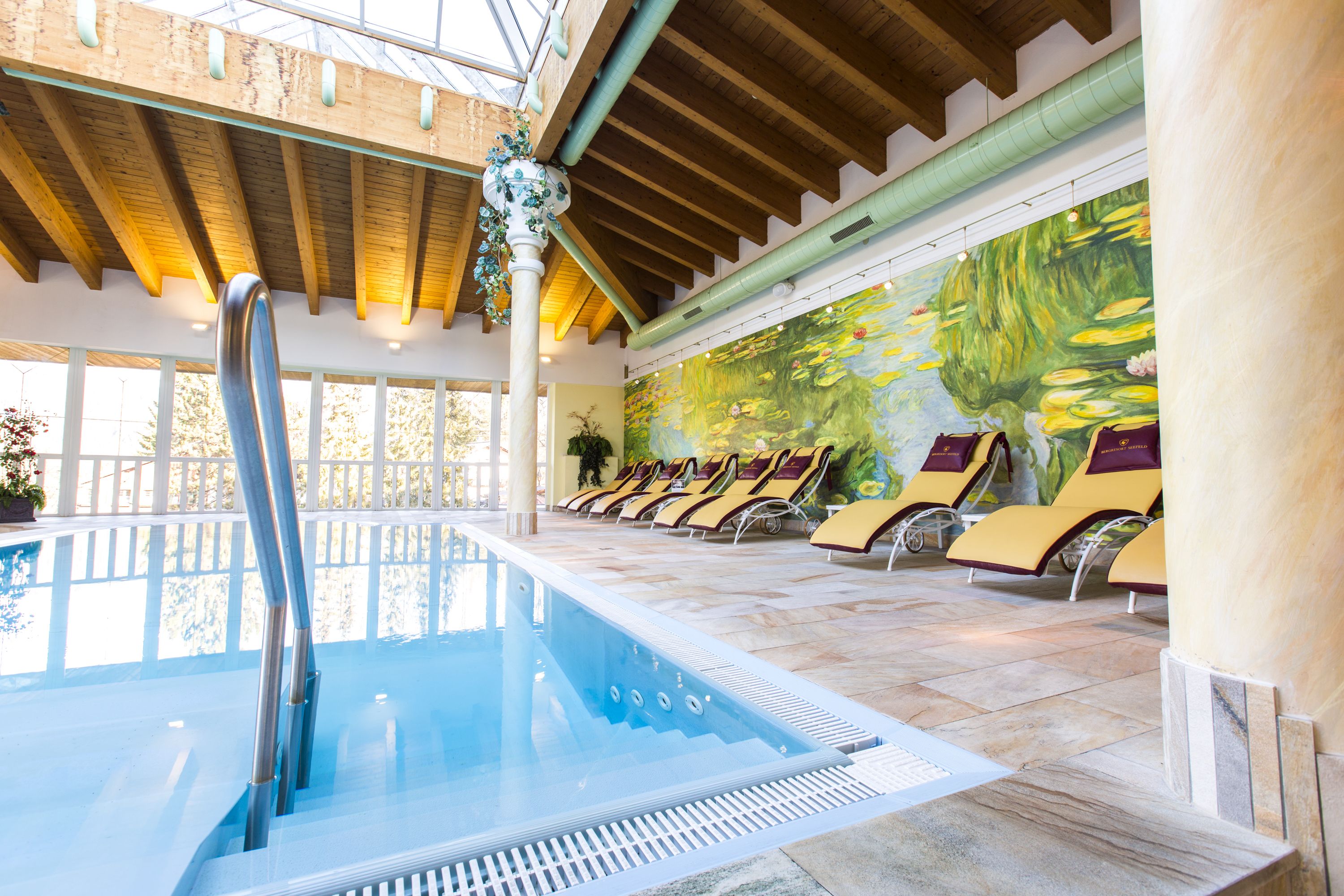 outdoor pool, pool umbrellas, pool loungers