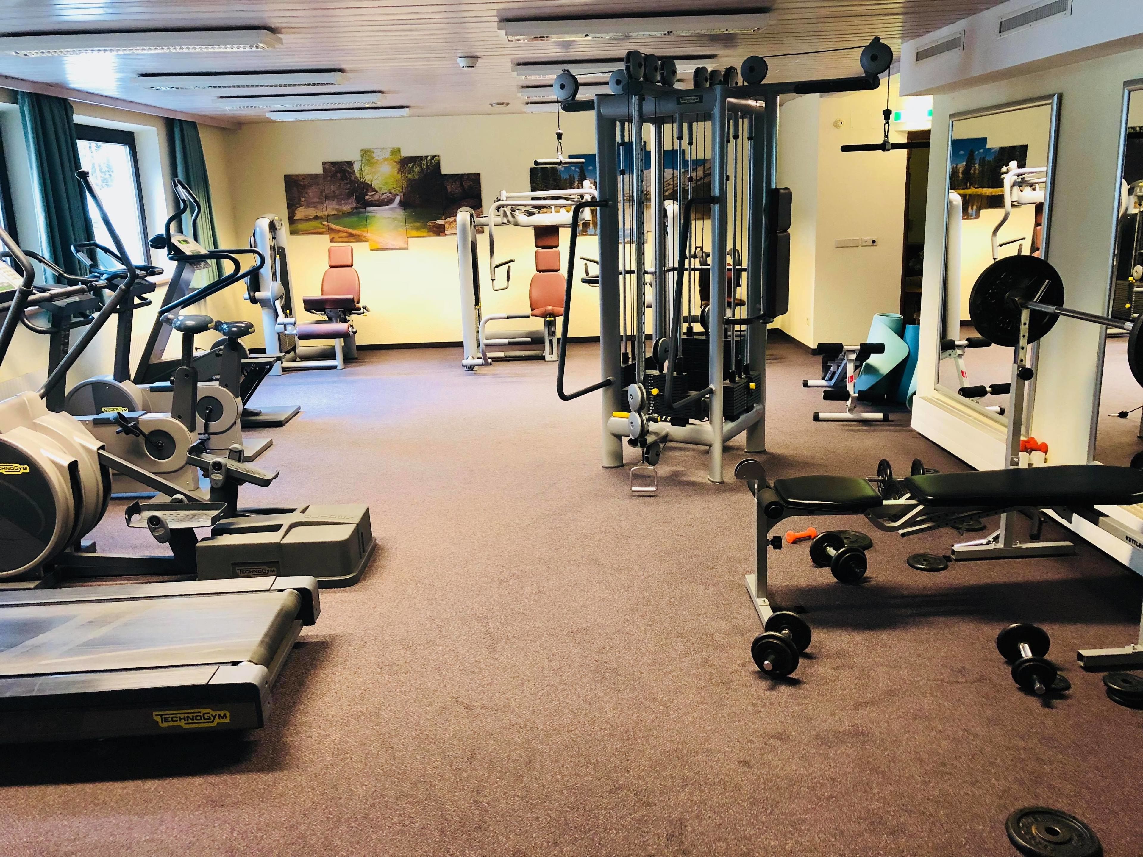 Un gimnasio con máquinas de cardio, equipo de levantamiento de pesas y un espejo.