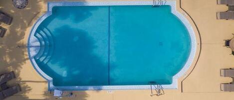 An aerial view of a rectangular swimming pool with a tiled edge, surrounded by lounge chairs and umbrellas.