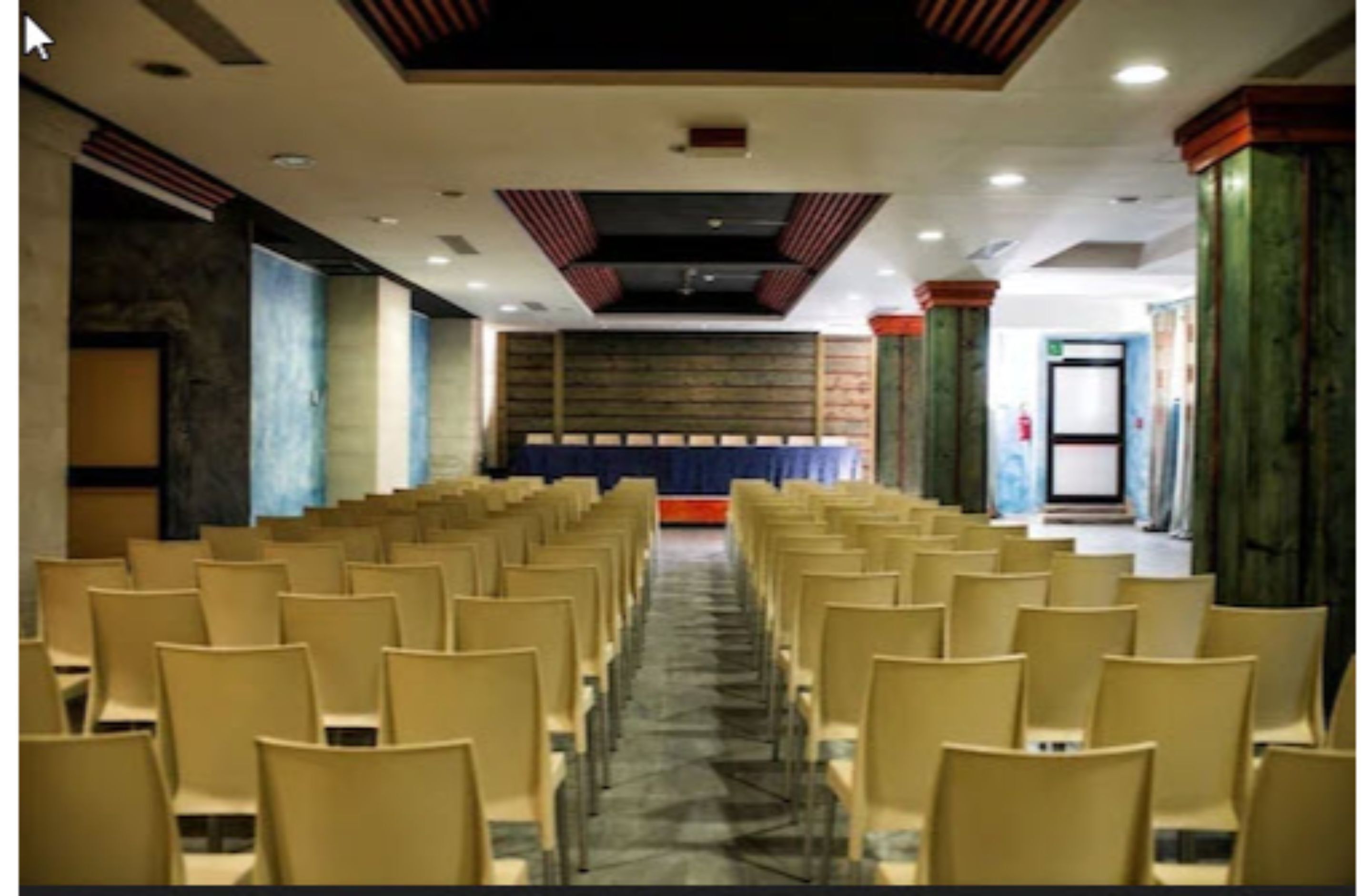 Een congreszaal met rijen stoelen gericht op een podium met een blauw gordijn.