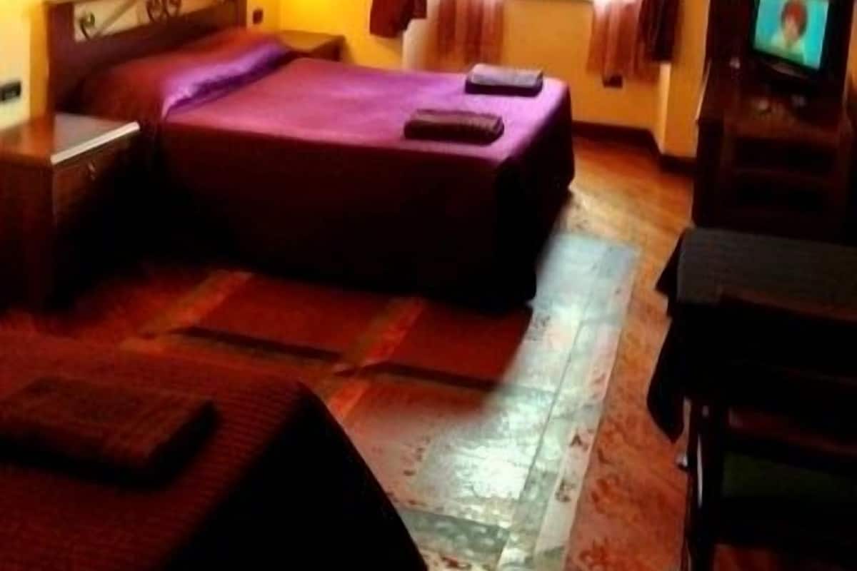 A hotel room with a bed, a desk, a chair, a television, and a window with curtains.