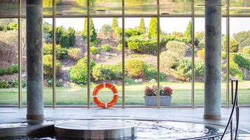 A pool area with a lifebuoy, a hot tub, and a view of a landscaped garden through large windows.