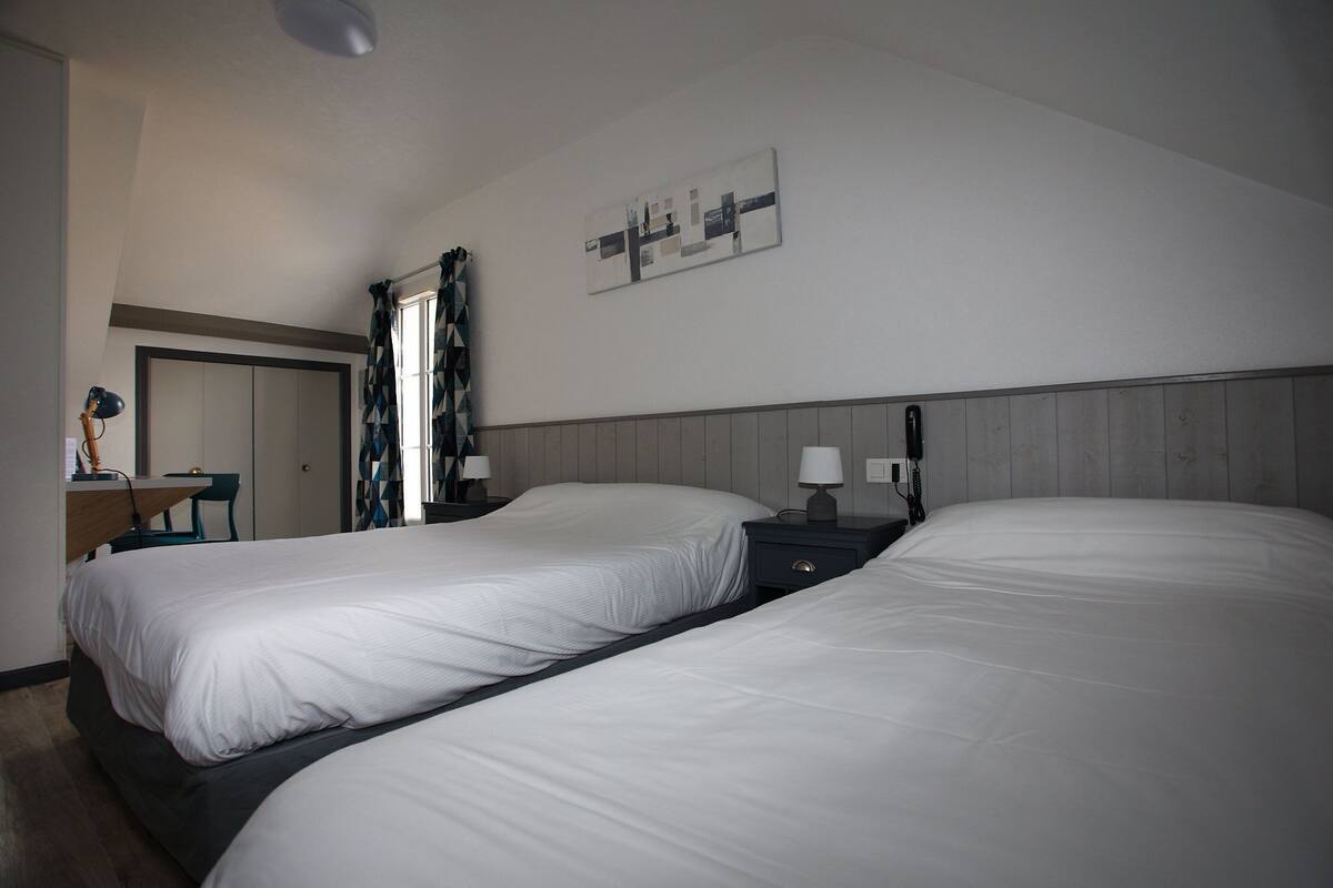 Een hotelkamer met twee bedden, een bureau en een stoel.
