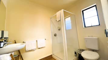 A bathroom with a glass shower enclosure, a sink, a toilet, and a window providing natural light.
