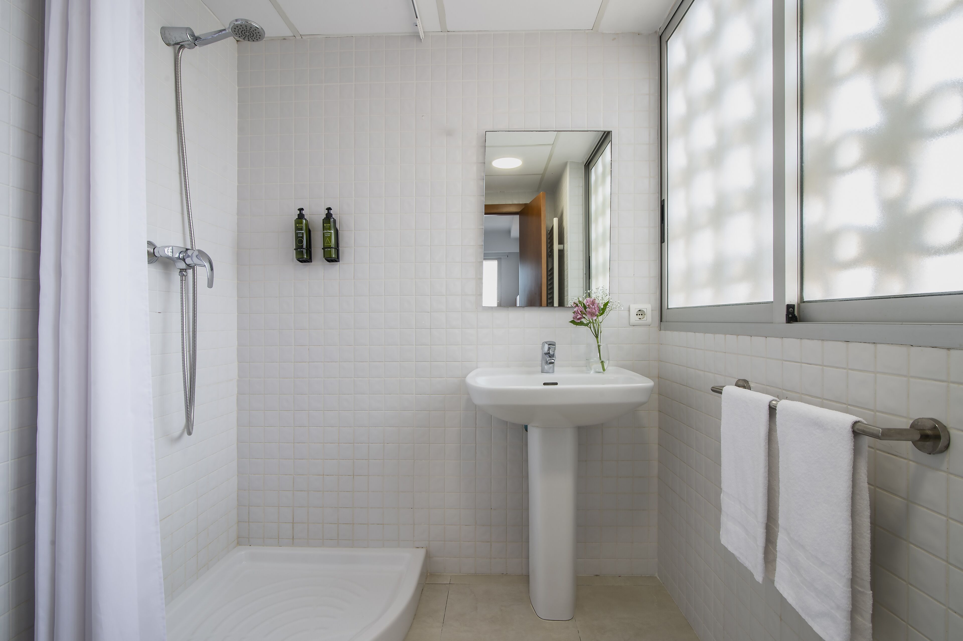 Une salle de bain avec une douche, un lavabo et un miroir.