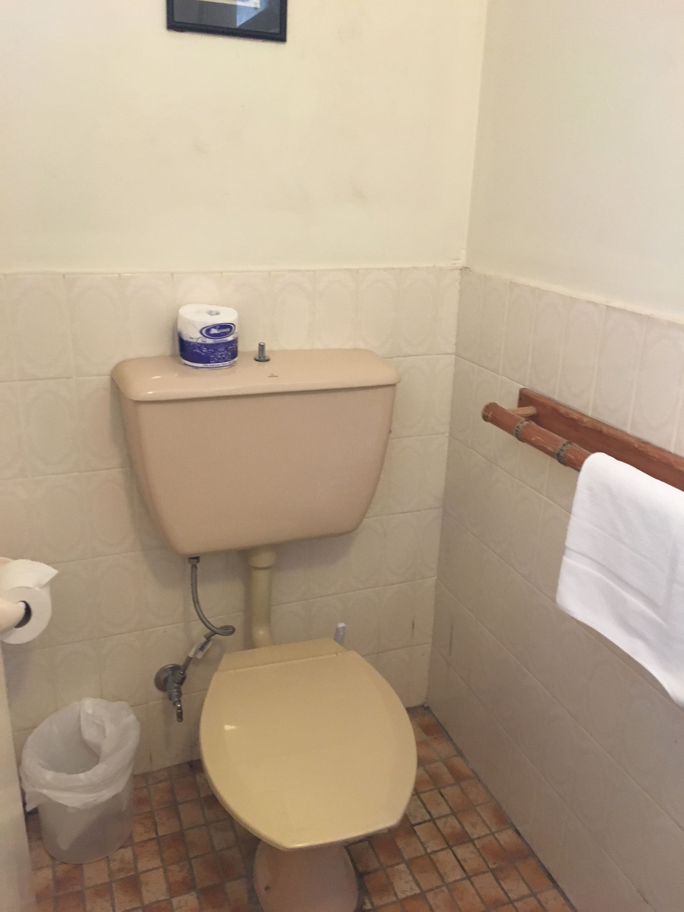 A small, compact bathroom with a toilet, a roll of toilet paper, and a trash bin.