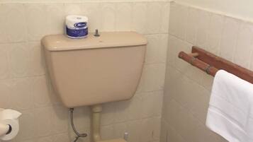 A small, compact bathroom with a toilet, a roll of toilet paper, and a trash bin.