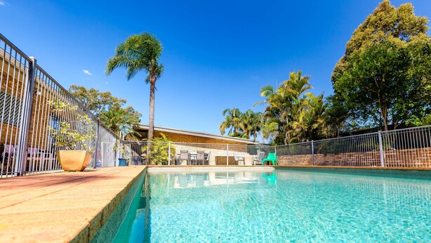 A clear swimming pool with a wooden deck, surrounded by a metal fence and palm trees.