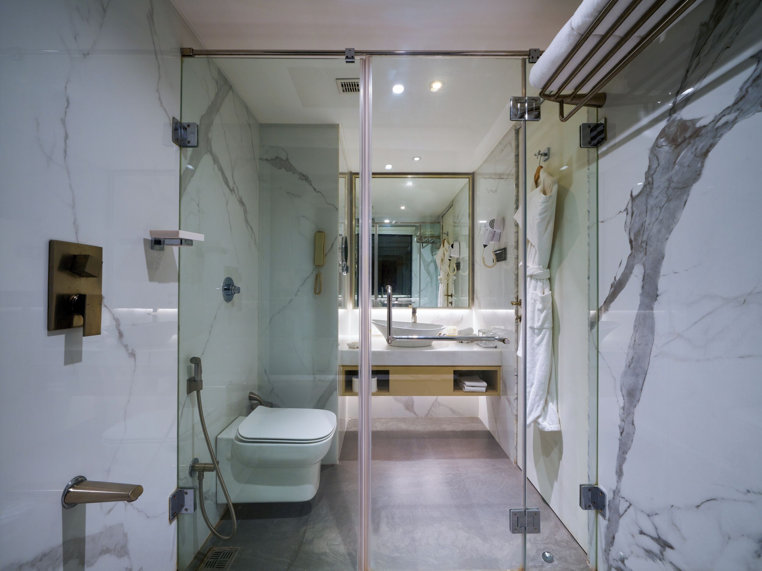 shower, designer toiletries, hair dryer, bathrobes