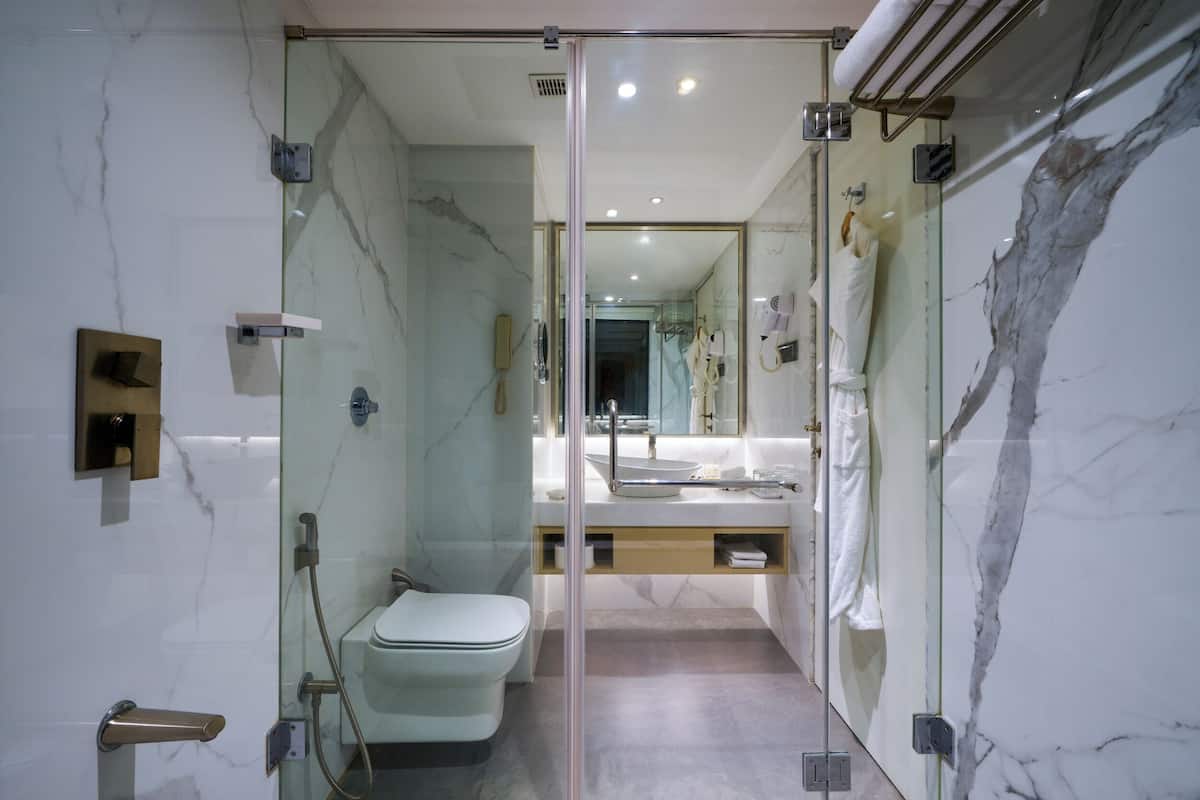 shower, designer toiletries, hair dryer, bathrobes