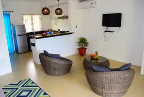 En 32-tommers LCD-TV med kabel-kanaler samt TV og peis