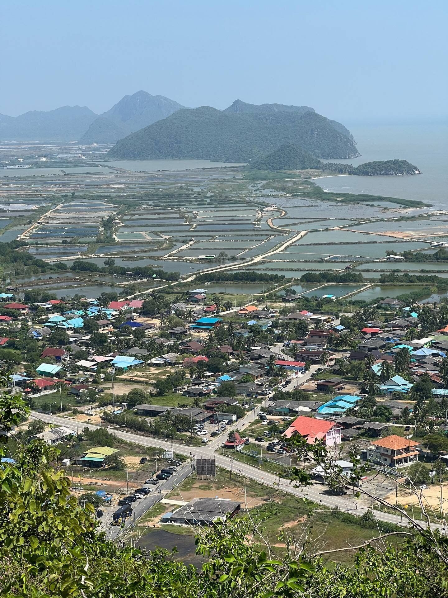 A coastal town with a grid of water tanks, colorful houses, and a mountain in the background.