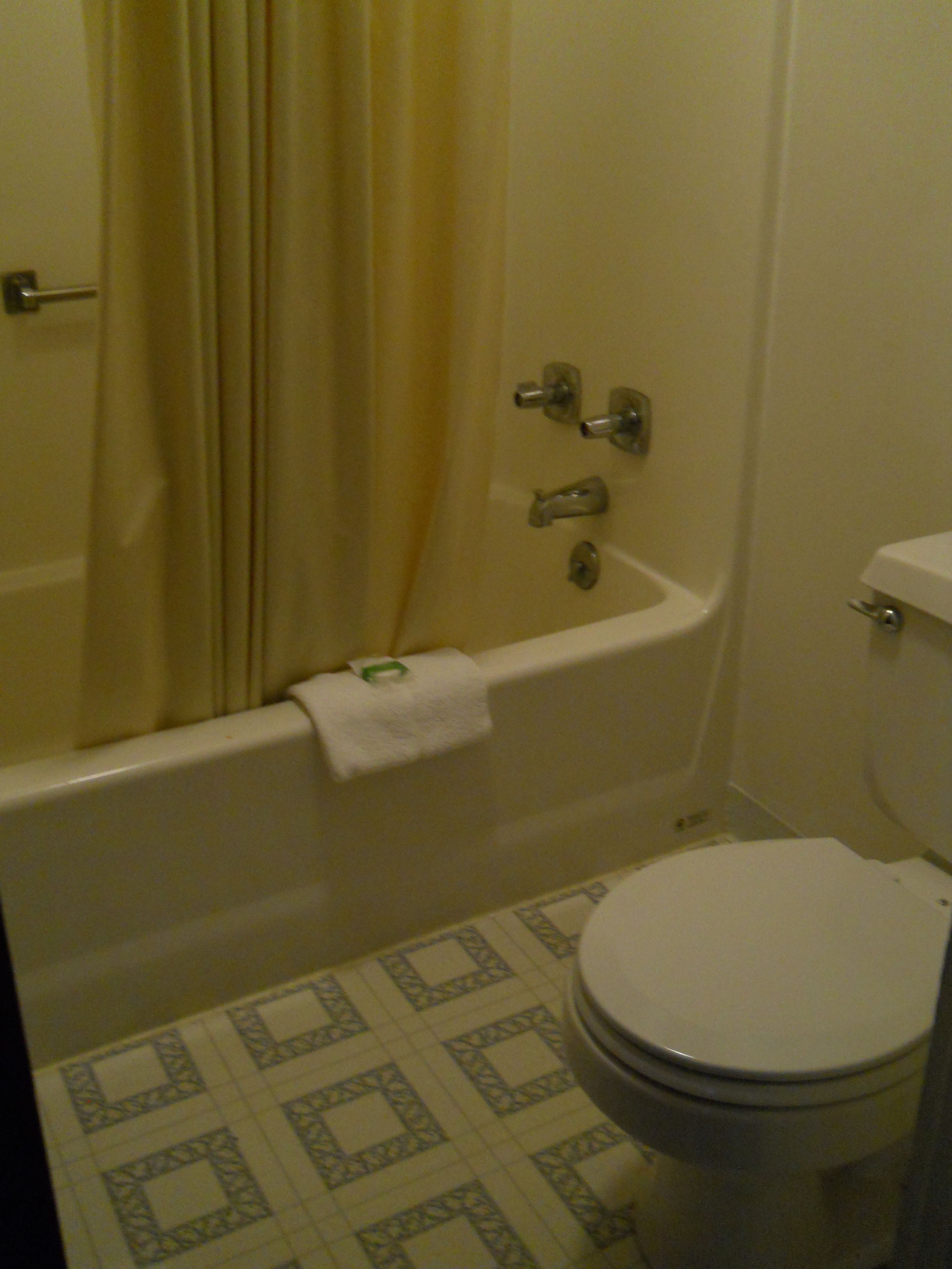 A bathroom with a bathtub, toilet, and patterned floor tiles.