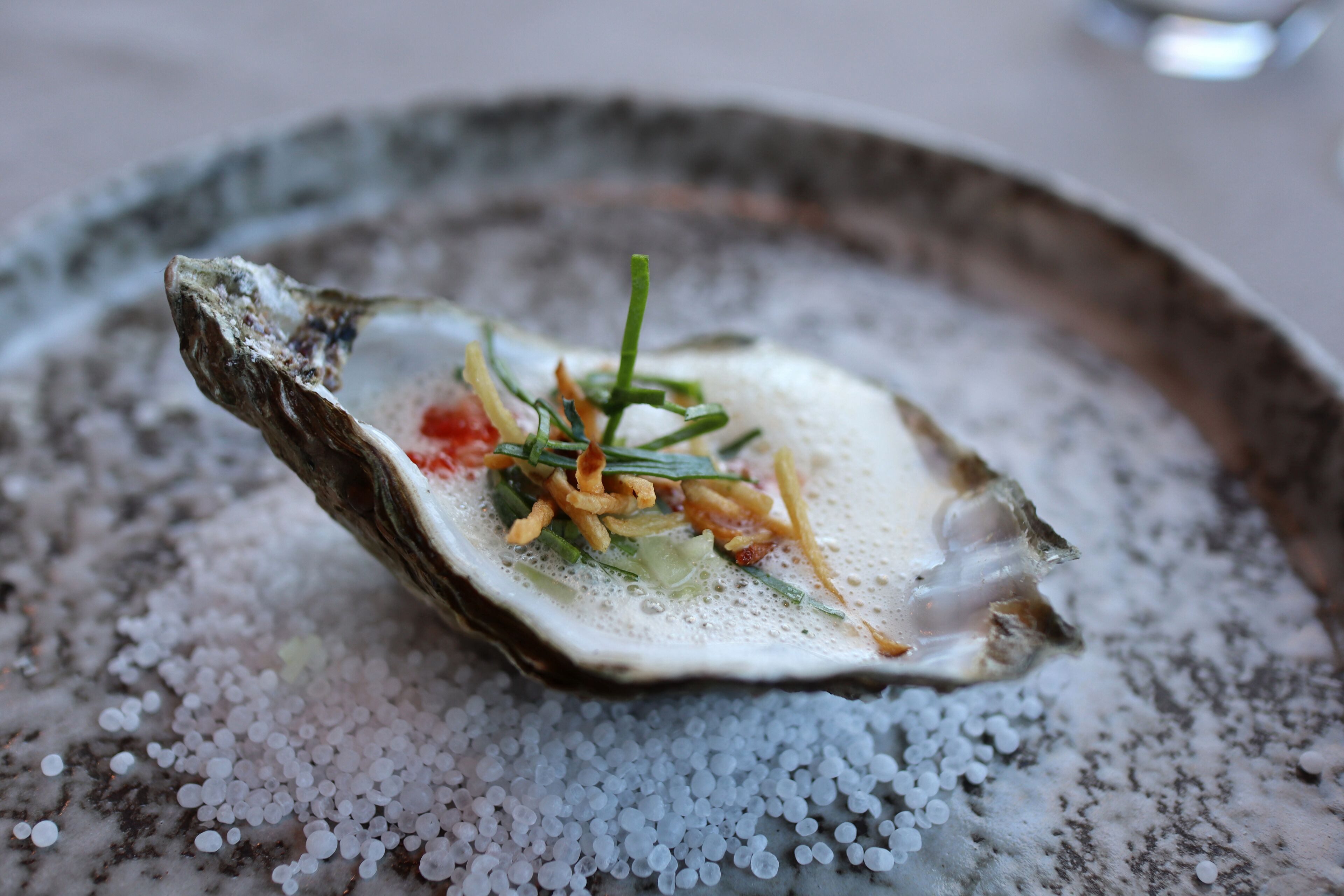A dish with a creamy sauce, garnished with green herbs and fried elements, served on a textured plate.