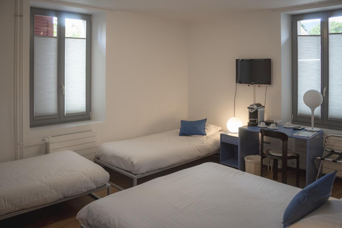 A room with two single beds, a desk with a chair, a television, and a lamp.