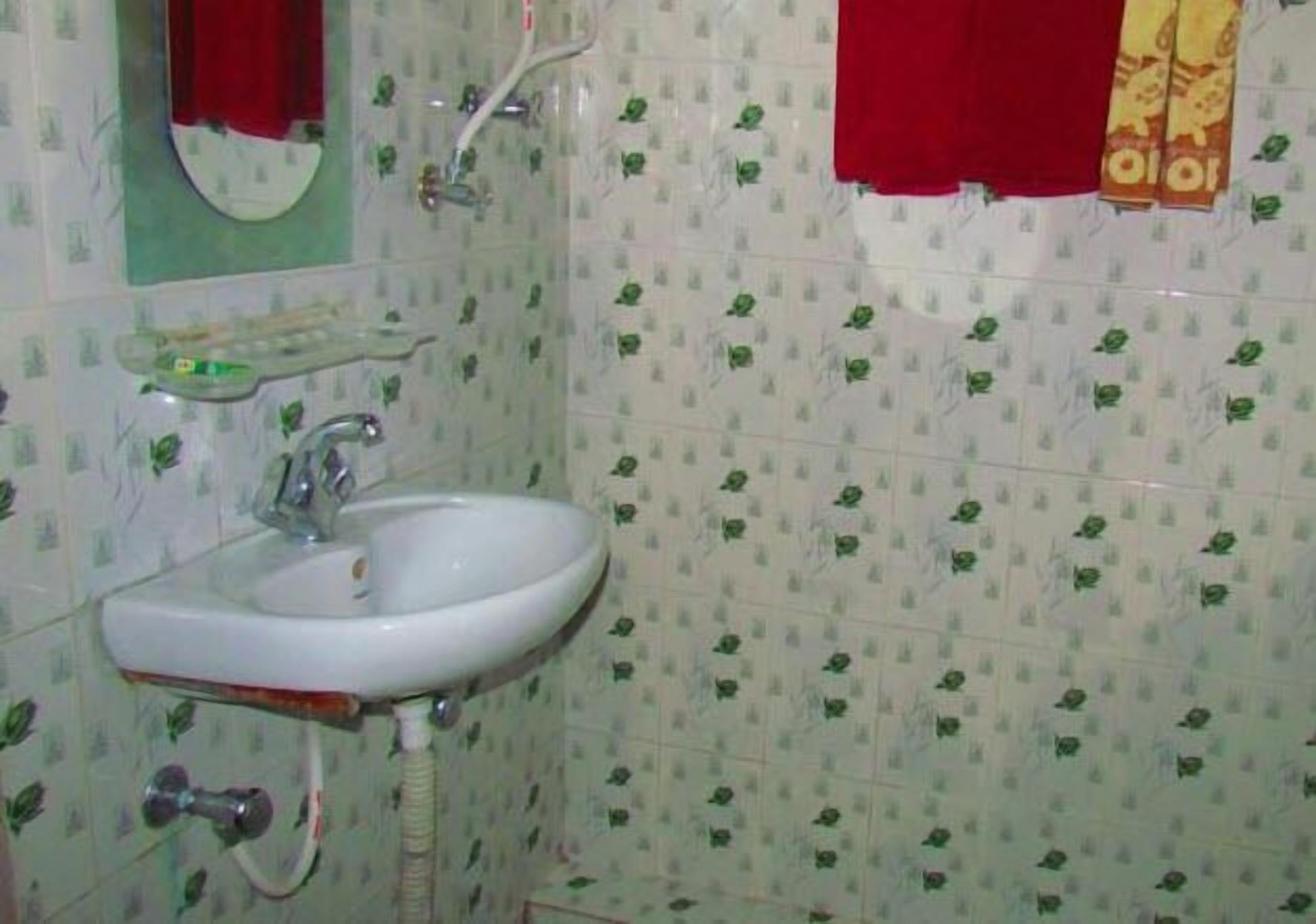 Un baño con un lavamanos blanco, un espejo y baldosas verdes con diseño.