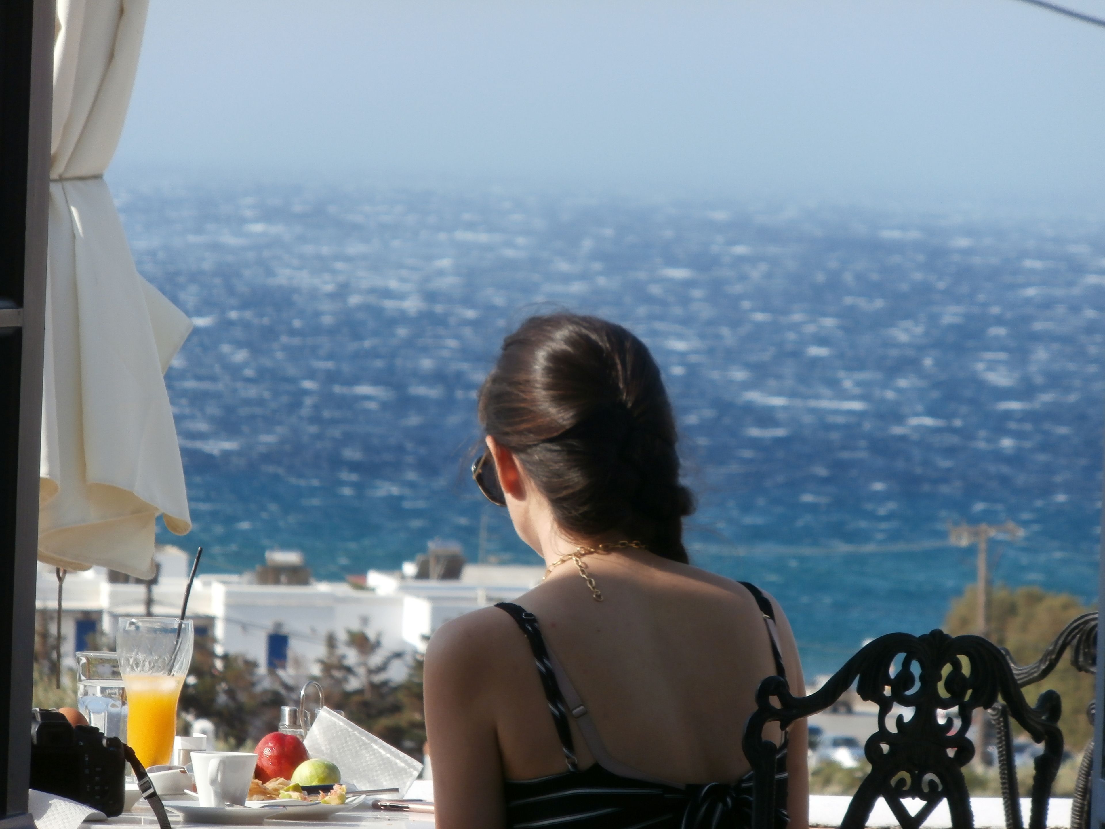 A person seated at a table with a view of a cityscape and the sea.