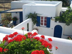 A white building with blue shutters and a door, surrounded by greenery and red flowers.