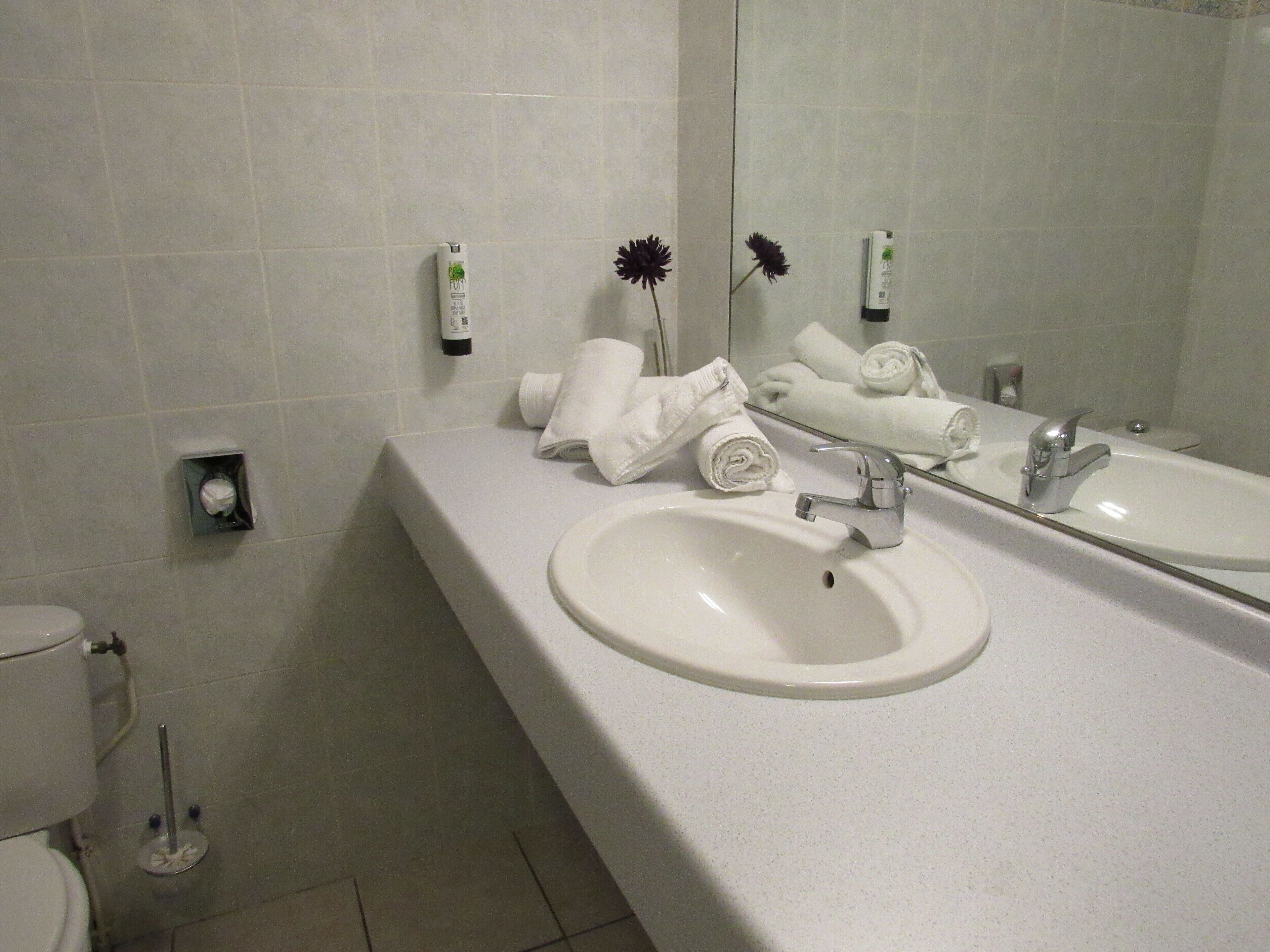 A bathroom with a white sink, two faucets, a toilet, and a mirror. There are towels and a small flower vase on the counter.