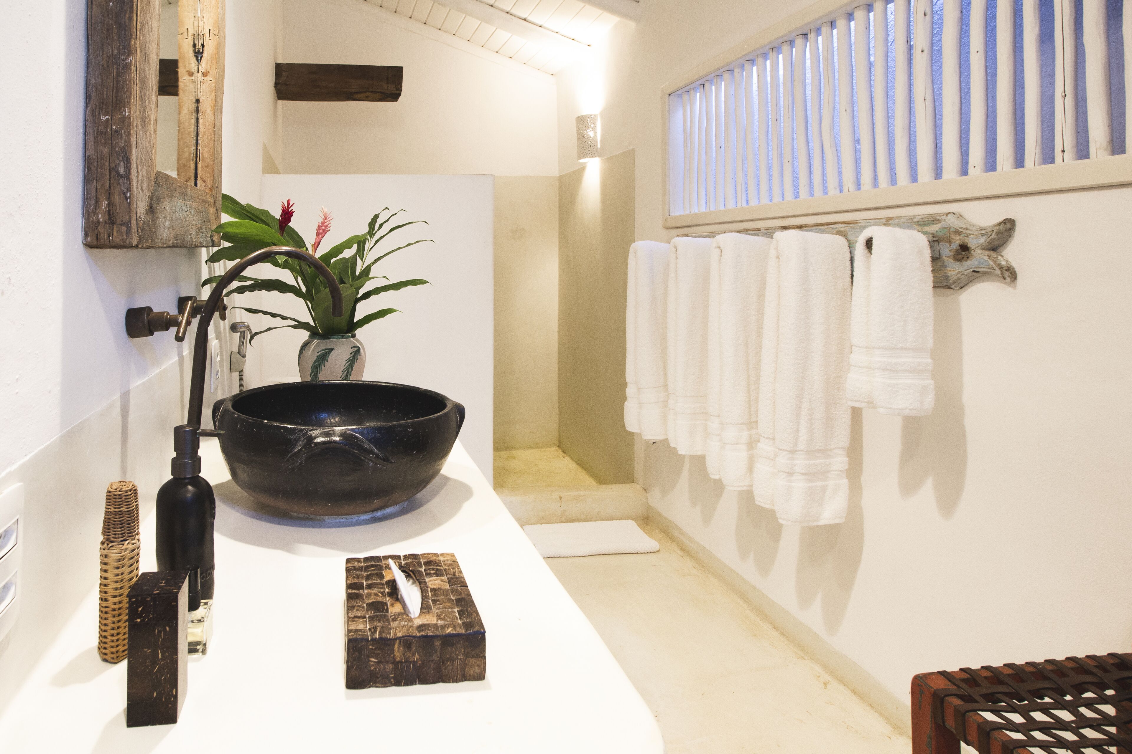 Shower, designer toiletries, hair dryer, bathrobes