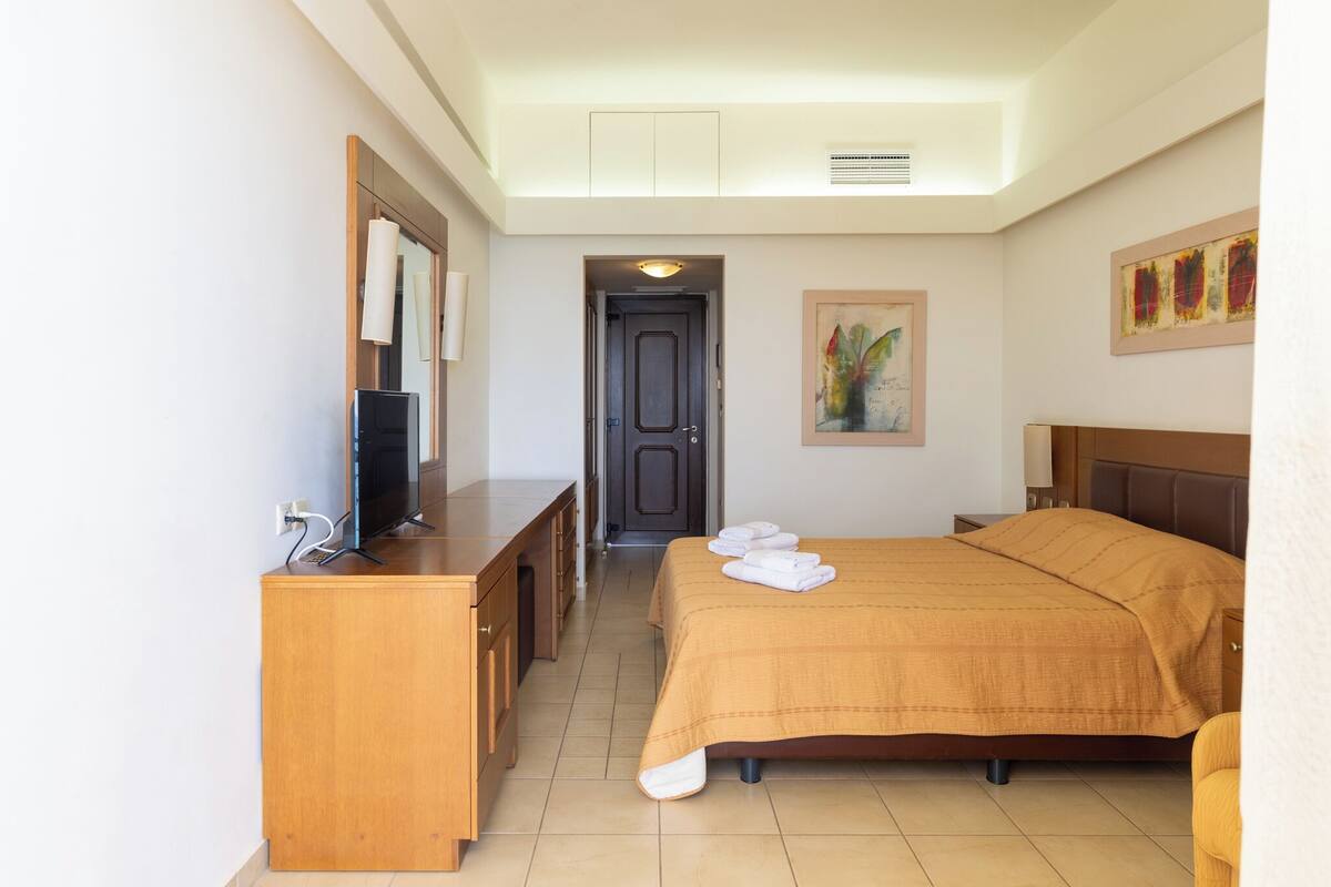 Una habitación de hotel con una cama, un televisor en una cómoda de madera, una puerta y un cuadro en la pared.